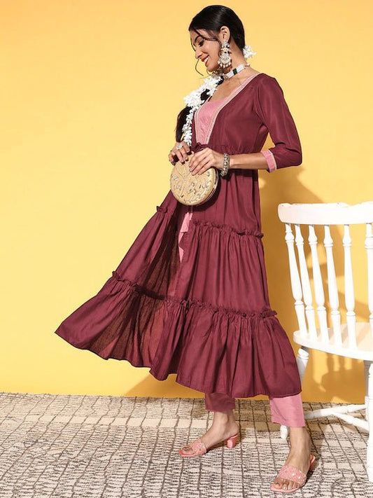 Women Pink Brown High Slit Tie up Kurta with Trouser - Inddus.com