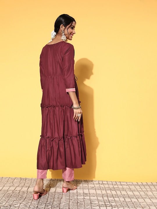 Women Pink Brown High Slit Tie up Kurta with Trouser - Inddus.com