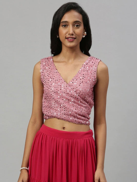 Women Pink Embellished Ethnic Crop Wrap Top With Tie-Ups - Inddus.com