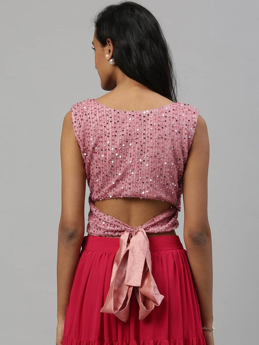 Women Pink Embellished Ethnic Crop Wrap Top With Tie-Ups