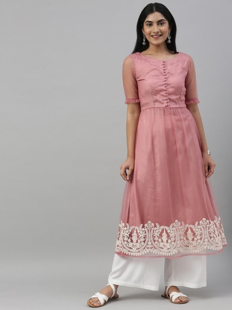 Women Pink Embroidered A-Line Kurta - Inddus.com