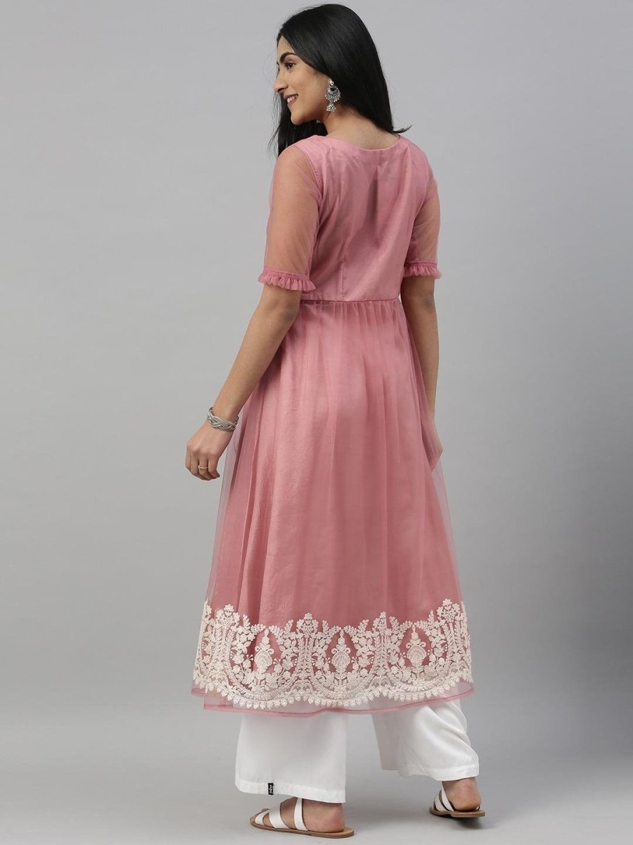 Women Pink Embroidered A-Line Kurta - Inddus.com