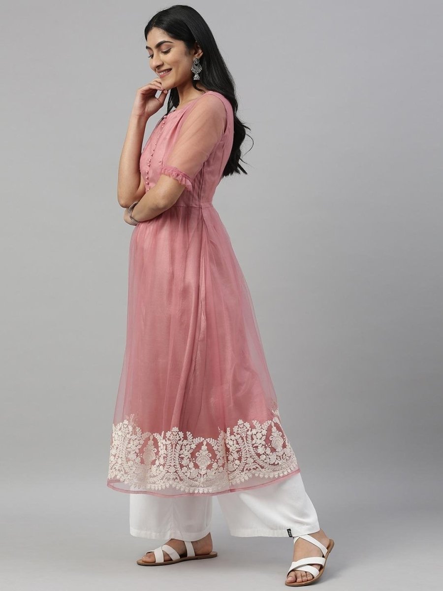 Women Pink Embroidered A-Line Kurta - Inddus.com