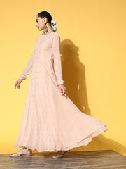 Women Pink Embroidered Georgette Anarkali Kurta With Dupatta - Inddus.com