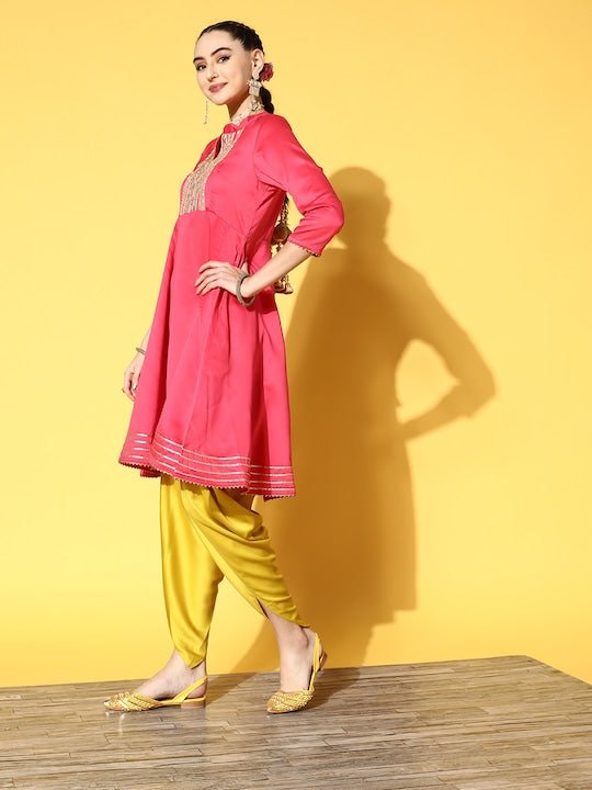 Women Pink Embroidered Kurta with Dhoti Pants & With Dupatta - Inddus.com