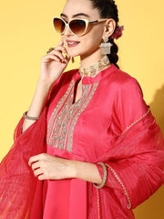 Women Pink Embroidered Kurta with Dhoti Pants & With Dupatta - Inddus.com