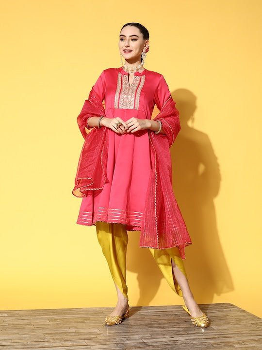 Women Pink Embroidered Kurta with Dhoti Pants & With Dupatta - Inddus.com