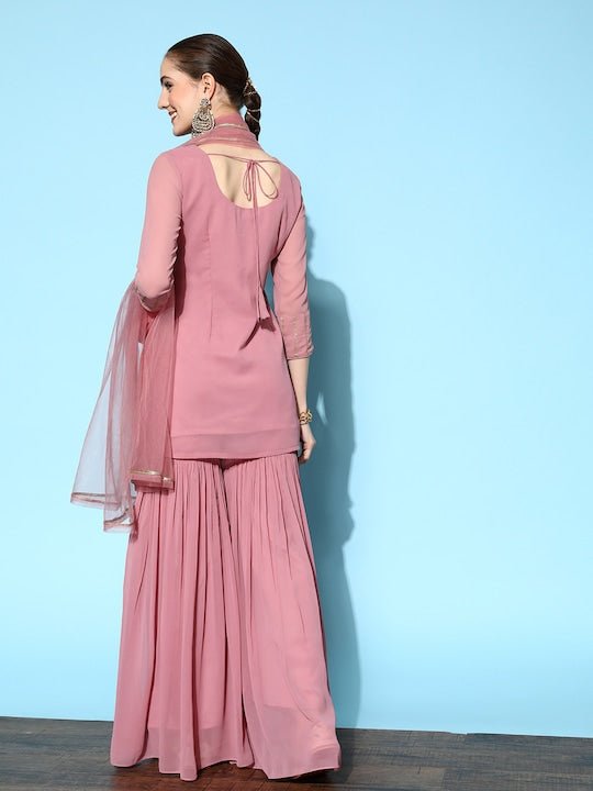 Women Pink Embroidered Kurti with Sharara & With Dupatta - Inddus.com