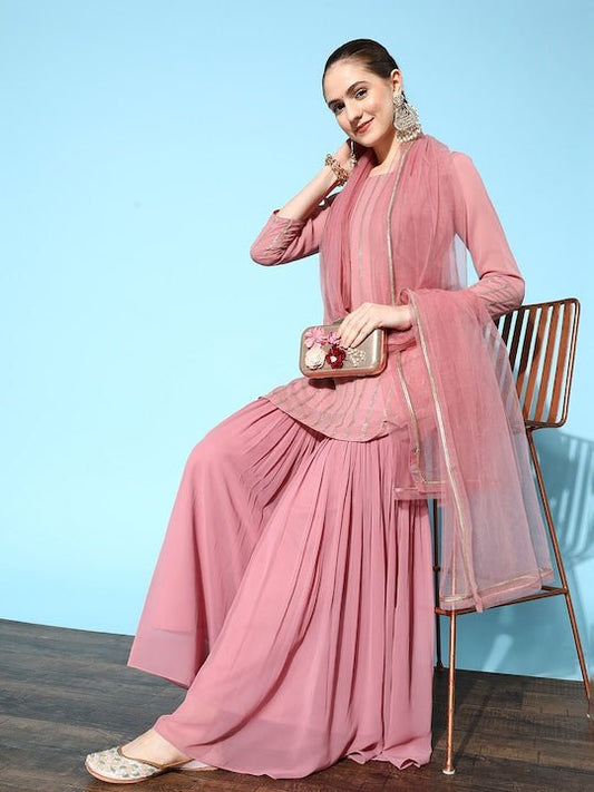 Women Pink Embroidered Kurti with Sharara & With Dupatta - Inddus.com