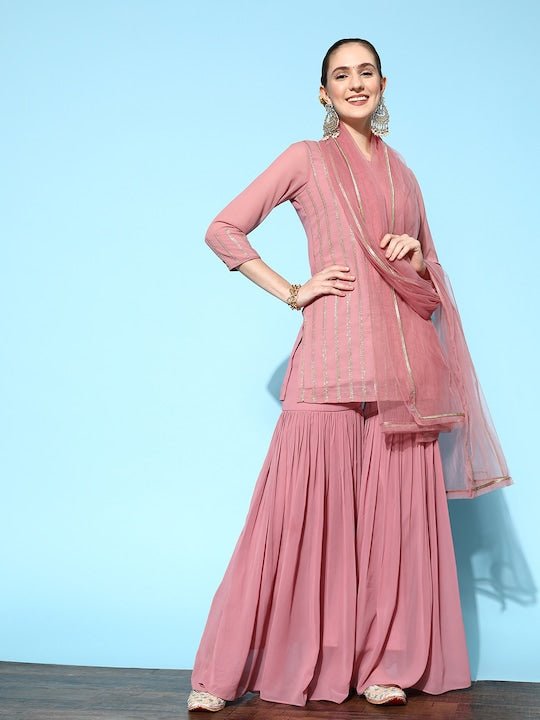 Women Pink Embroidered Kurti with Sharara & With Dupatta - Inddus.com