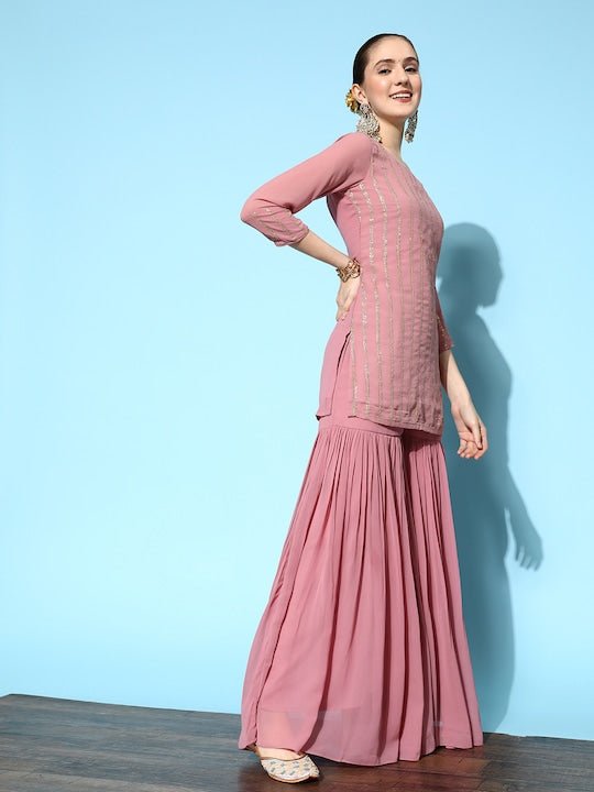 Women Pink Embroidered Kurti with Sharara & With Dupatta - Inddus.com