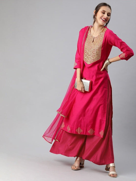 Women Pink Embroidered Palazzo Suit - inddus-us