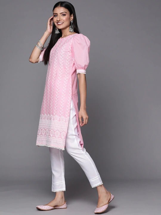 Women Pink Embroidered Thread Work Kurta and Trouser - Inddus.com