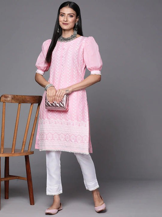 Women Pink Embroidered Thread Work Kurta and Trouser - Inddus.com