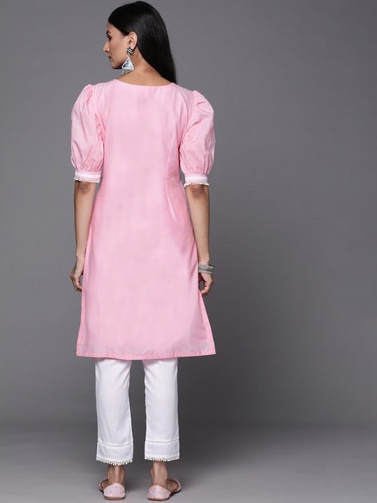 Women Pink Embroidered Thread Work Kurta and Trouser - Inddus.com