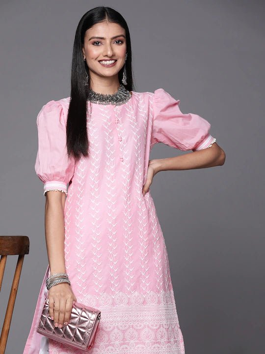 Women Pink Embroidered Thread Work Kurta and Trouser - Inddus.com