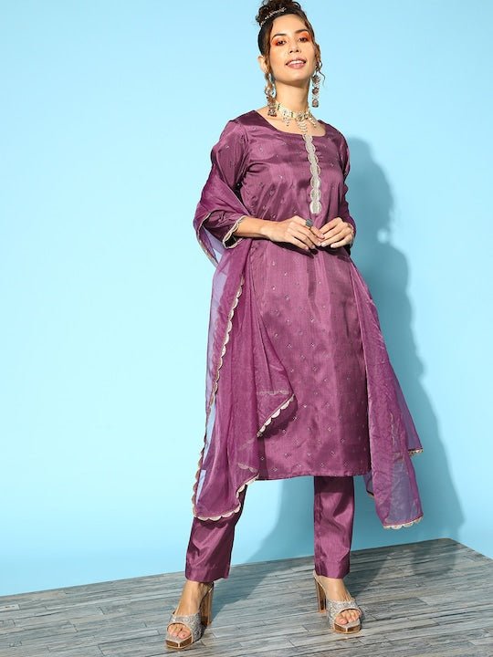 Women Pink Ethnic Motifs Embroidered Sequinned Kurta With Trousers & Dupatta - Inddus.com