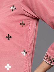 Women Pink Ethnic Motifs Embroidered Velvet Kurta with Sharara & Dupatta - Inddus.com