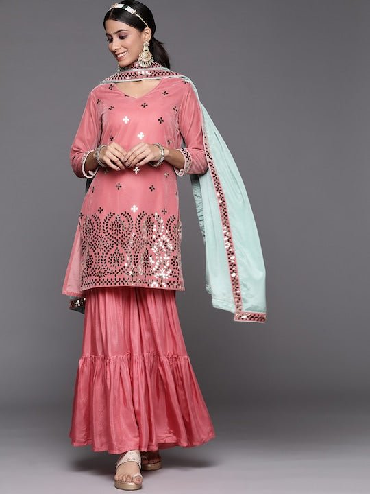 Women Pink Ethnic Motifs Embroidered Velvet Kurta with Sharara & Dupatta - Inddus.com