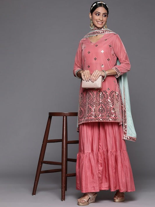 Women Pink Ethnic Motifs Embroidered Velvet Kurta with Sharara & Dupatta - Inddus.com