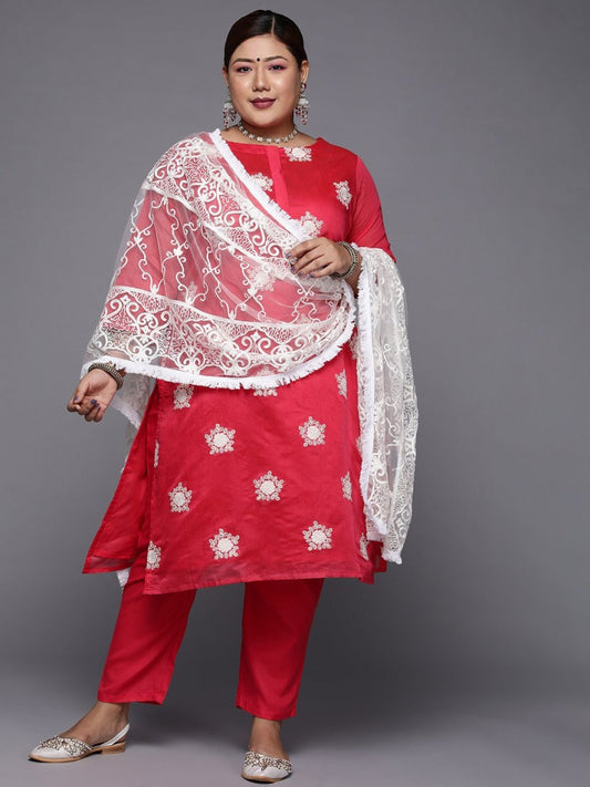 Women Pink Floral Embroidered Kurta with Trousers & Dupatta - Inddus.com