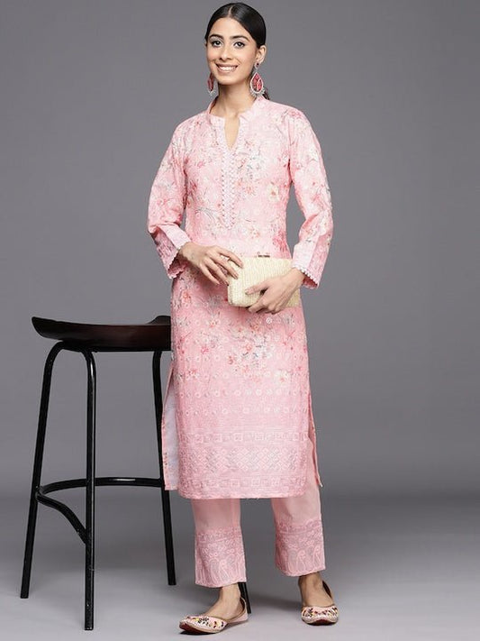 Women Pink Floral Embroidered Regular Chikankari Kurta with Trousers - Inddus.com