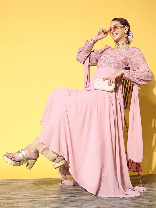 Women Pink Floral Embroidered Thread Work Georgette Anarkali Kurta With Dupatta - Inddus.com