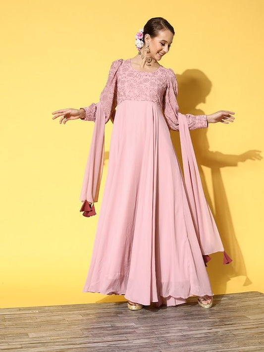 Women Pink Floral Embroidered Thread Work Georgette Anarkali Kurta With Dupatta - Inddus.com