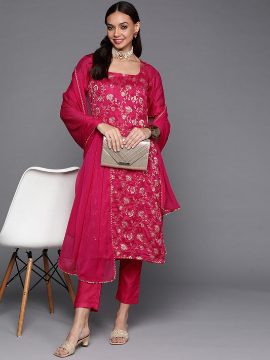 Women Pink Floral Kurta with Trousers & With Dupatta - Inddus.com