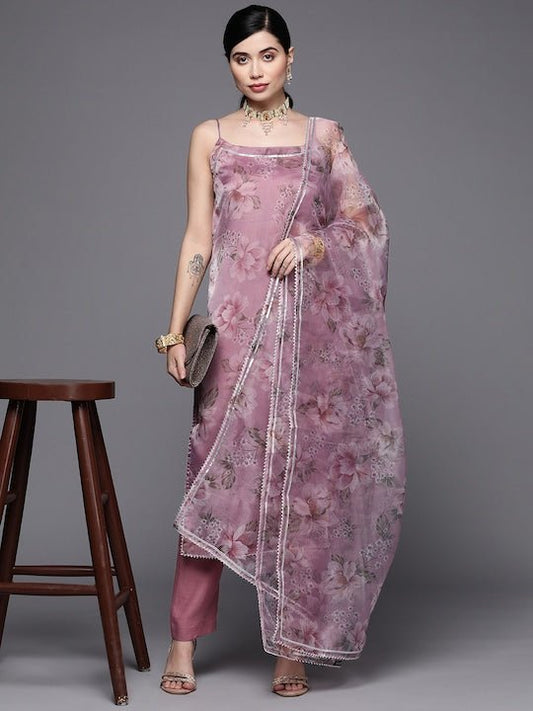 Women Pink Floral Printed Kurta with Trousers & With Dupatta - Inddus.com