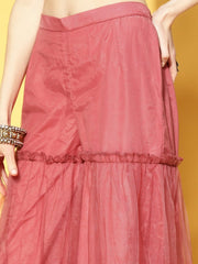 Women Pink Floral Sequinned Embroidered Kurti With Tiered Sharara & Dupatta - Inddus.com