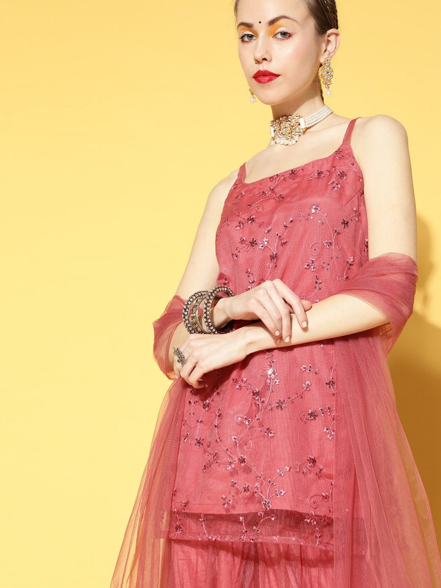 Women Pink Floral Sequinned Embroidered Kurti With Tiered Sharara & Dupatta - Inddus.com