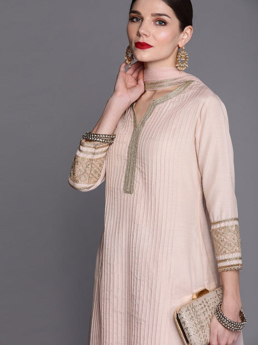 Women Pink Floral Striped Yoke Embroidered with Palazzos & With Dupatta - Inddus.com