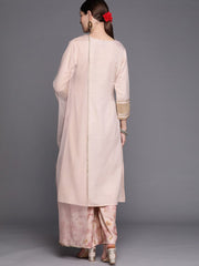 Women Pink Floral Striped Yoke Embroidered with Palazzos & With Dupatta - Inddus.com