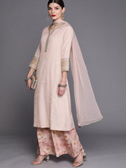 Women Pink Floral Striped Yoke Embroidered with Palazzos & With Dupatta - Inddus.com