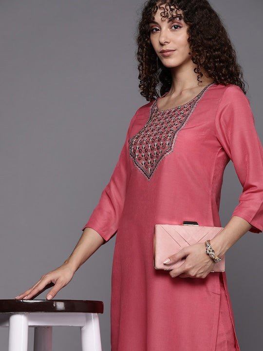 Women Pink Floral Yoke Design Kurta with Trousers - Inddus.com