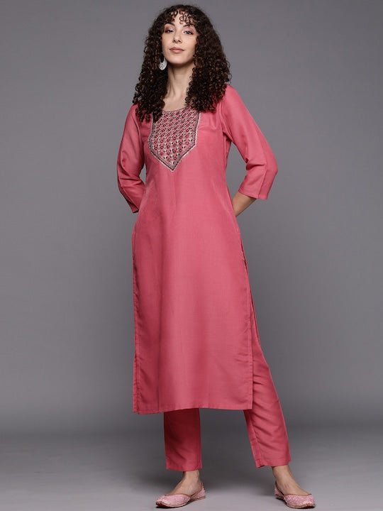 Women Pink Floral Yoke Design Kurta with Trousers - Inddus.com