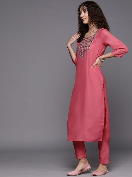 Women Pink Floral Yoke Design Kurta with Trousers - Inddus.com