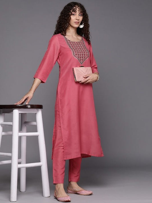 Women Pink Floral Yoke Design Kurta with Trousers - Inddus.com