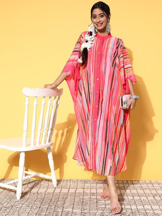 Women Pink Georgette Vacation Stripes Ethnic Dress - Inddus.com