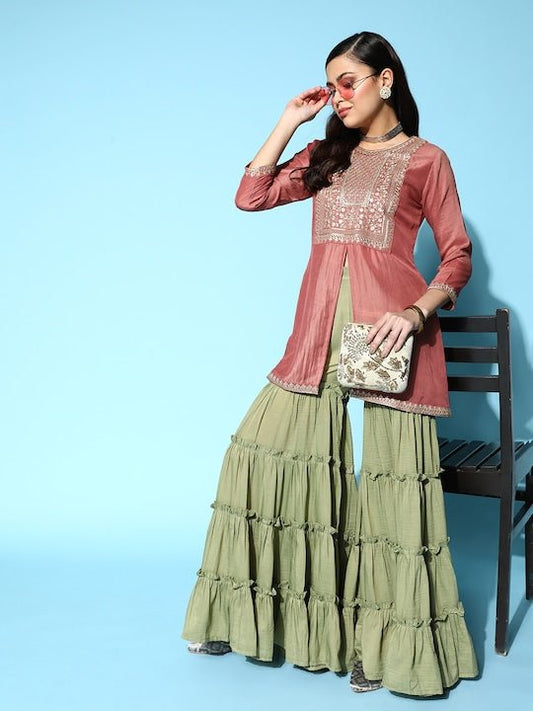 Women Pink & Green Floral Yoke Design High Slit Kurti with Sharara - Inddus.com