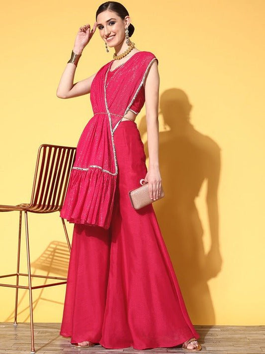 Women Pink Lurex Sharara Drape Ruffle Saree with Blouse Piece - Inddus.com