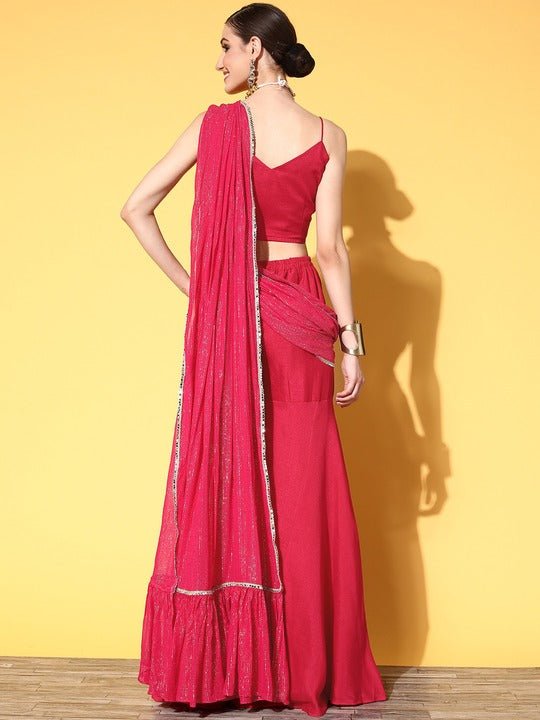 Women Pink Lurex Sharara Drape Ruffle Saree with Blouse Piece - Inddus.com