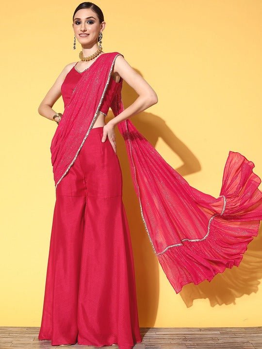 Women Pink Lurex Sharara Drape Ruffle Saree with Blouse Piece - Inddus.com