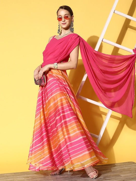 Women Pink & Orange Printed Top & Skirt - Inddus.com