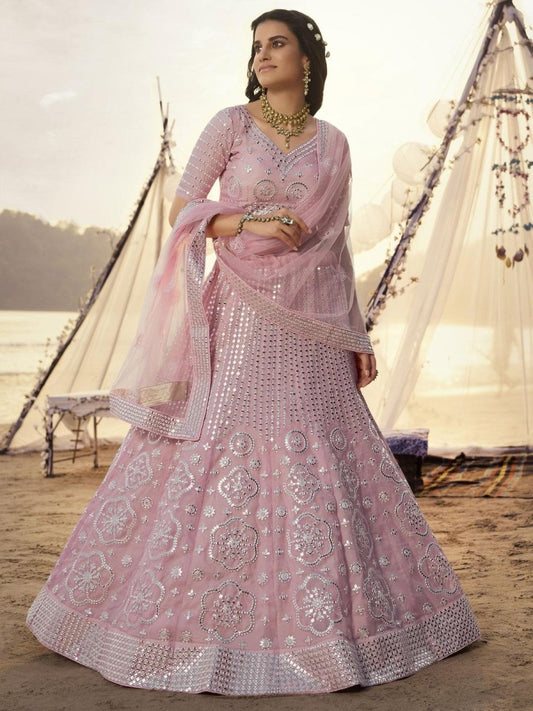 Women Pink Organza Mirror Work Lehenga Choli - inddus-us