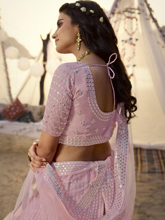 Women Pink Organza Mirror Work Lehenga Choli - inddus-us