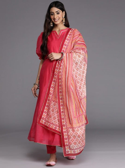 Women Pink Printed Gotta Patti Chanderi Cotton Kurta with Trousers & With Dupatta - Inddus.com