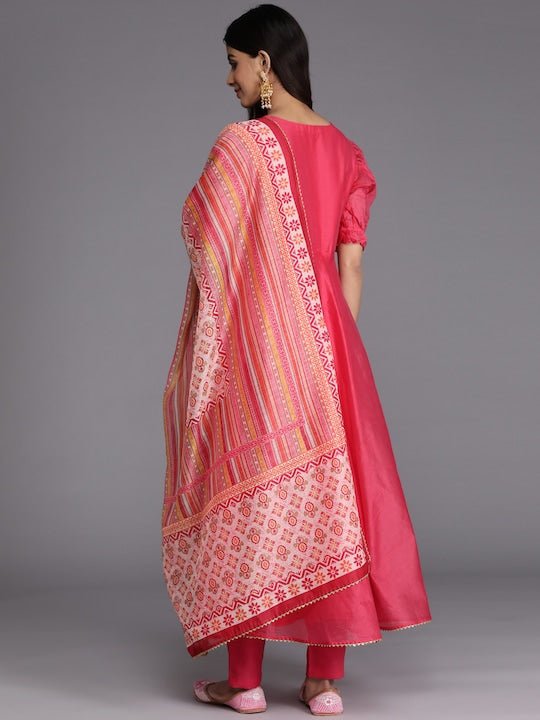 Women Pink Printed Gotta Patti Chanderi Cotton Kurta with Trousers & With Dupatta - Inddus.com