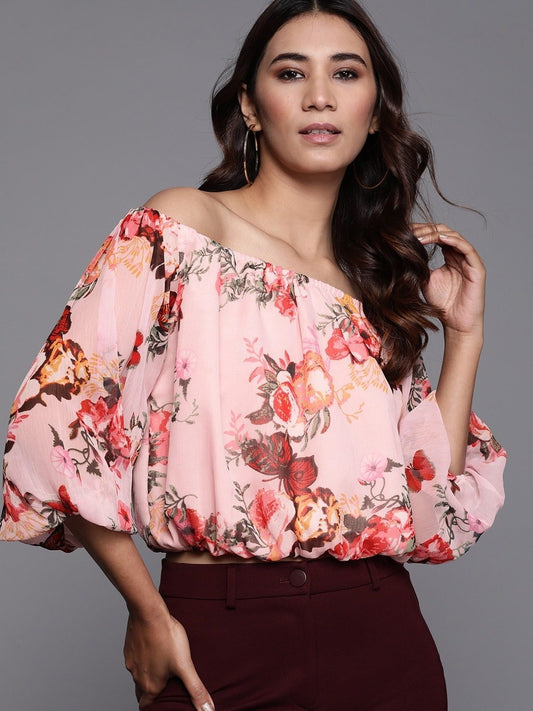 Women Pink & Red Floral Printed Bardot Top